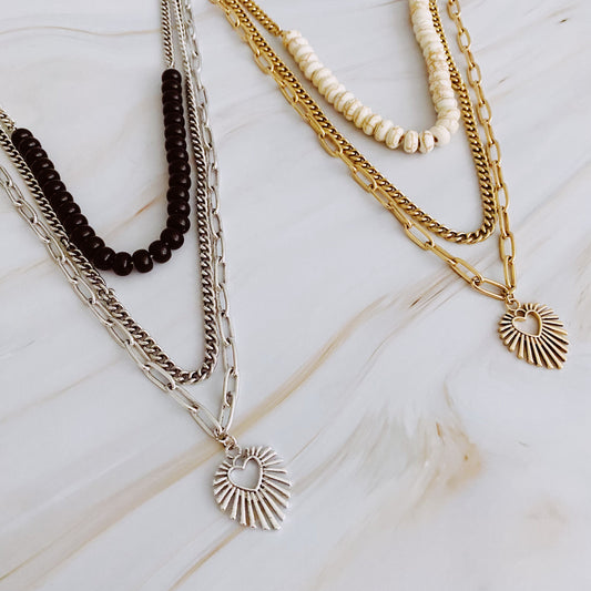 Elegant Golden Heart Layered Necklace with Resin Beads