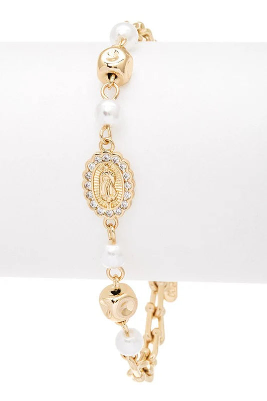 Elegant Saint Mary Charm Pearl Stainless Steel Bracelet