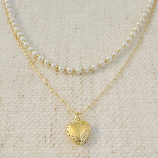Elegantly Layered Pearl and Heart Locket Necklace