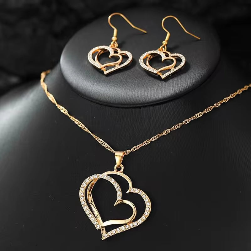 Exquisite 3-Piece Heart Shaped Jewelry Set with Rhinestone Earrings, Pendant & Necklace for Women