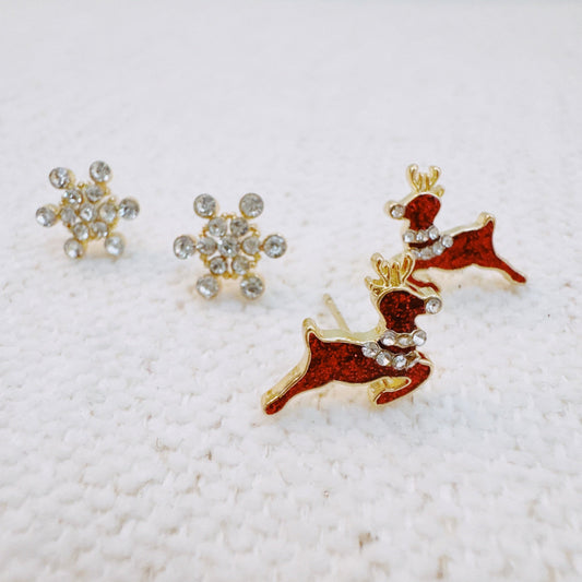 Festive Reindeer & Snowflake Stud Earrings - Set of 2 for Holiday Glamour