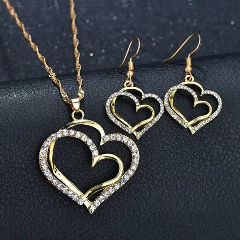 Exquisite 3-Piece Heart Shaped Jewelry Set with Rhinestone Earrings, Pendant & Necklace for Women