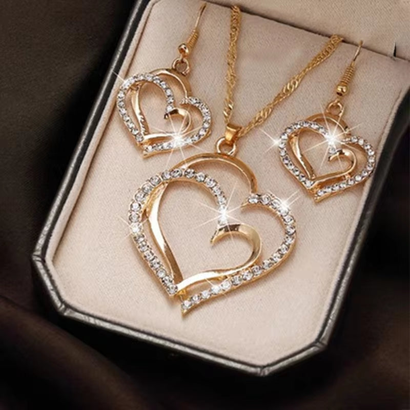 Exquisite 3-Piece Heart Shaped Jewelry Set with Rhinestone Earrings, Pendant & Necklace for Women